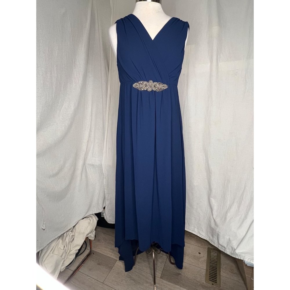 BRIDES MAID Maxi Dress Women's Size Large Blue Sequin Waist Sleeveless V-Neck Wr